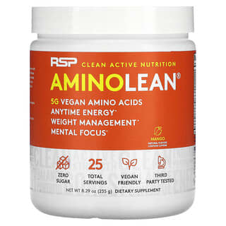 RSP Nutrition, AminoLean, 5 g Vegan Amino Acids + Anytime Energy, Mango, 8.29 oz (235 g)