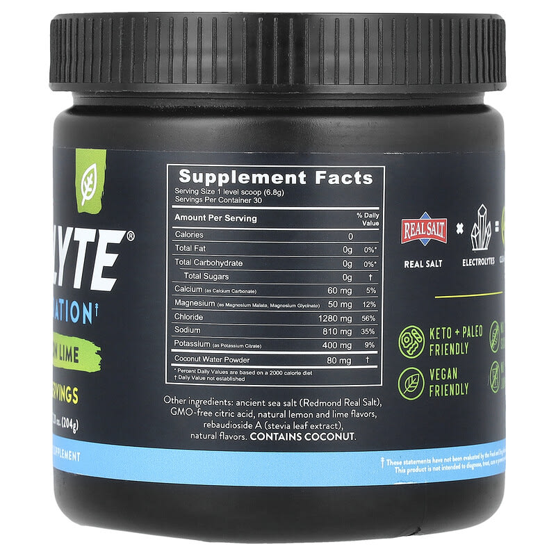 Re-Lyte Hydration Electrolyte Powder – Lemon Lime, 7.2 Oz (204g), Redmond, Real Salt, Clean Ingredients