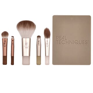 Real Techniques, New Nudes 2.0, On-The-Glow Mini Brush Set + Mirrored Compact, 6 Pieces