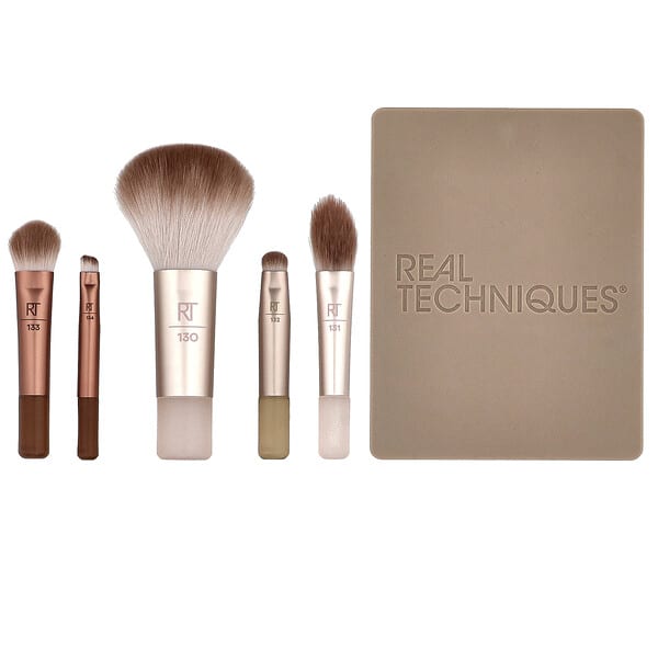 Real Techniques, New Nudes 2.0, Conjunto de Miniescovas On The Glow + Compacto Espelhado, Conjunto com 6 Unidades