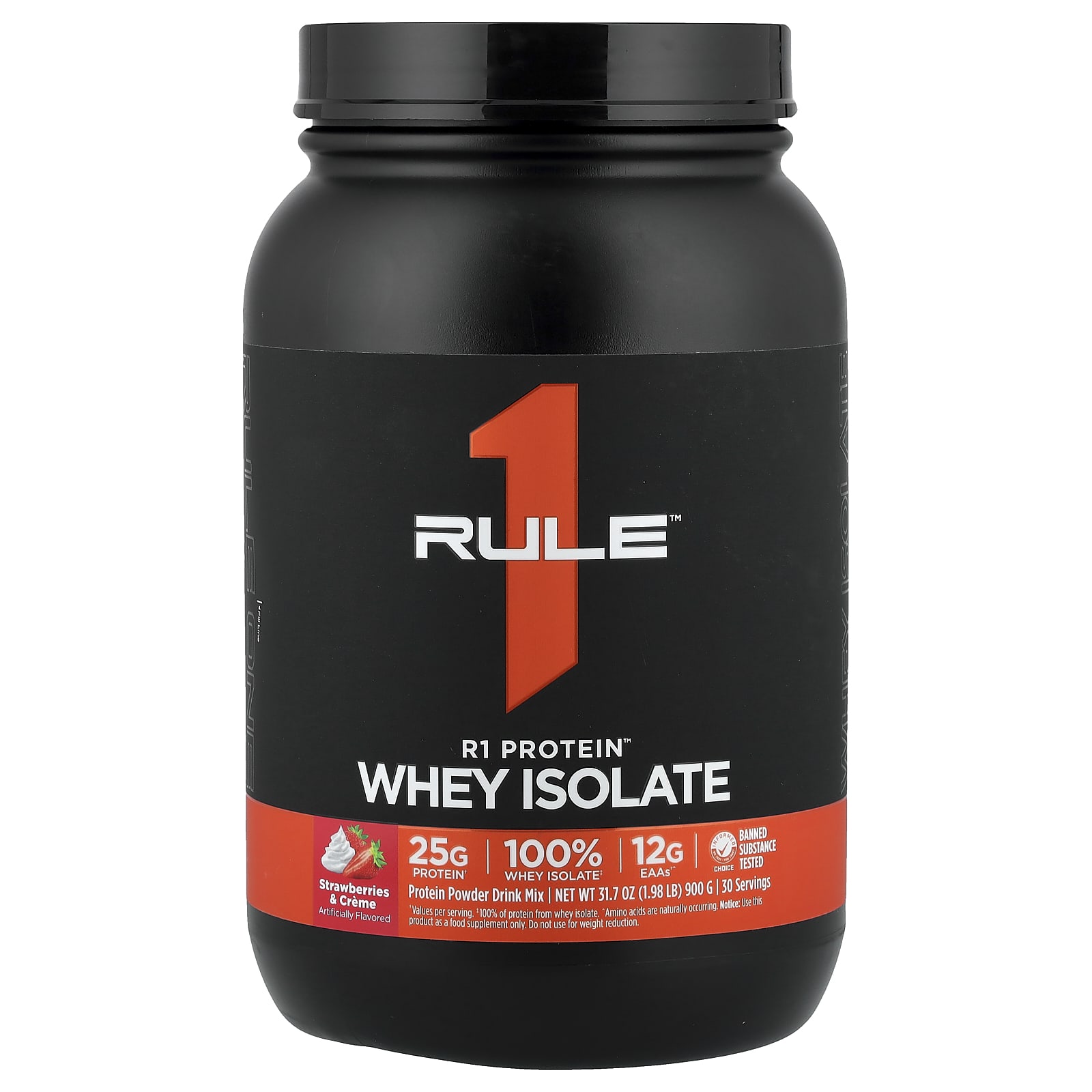 Rule One Proteins, R1 Protein™, сывороточный изолят, со вкусом клубники с кремом, 900 г (1,98 фунта)