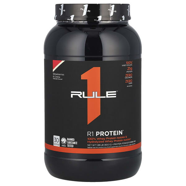Rule One Proteins, R1 Protein Powder Drink Mix, Strawberries &amp; Creme, 1.98 lb (900 g)