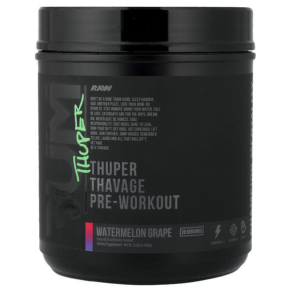Raw Nutrition, Bum, 투퍼 타바지 운동 전 보충제, 수박 포도 맛, 626g(22.08oz)
