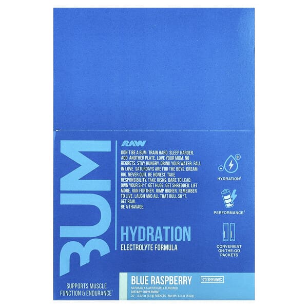 Bum, Hydration, Electrolyte Formula, Blue Raspberry, 20 Packets, 0.22 oz (6.1 g) Each