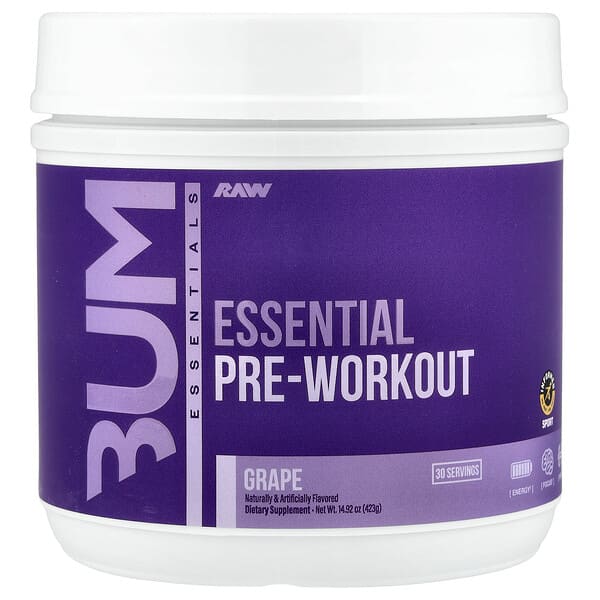 Raw Nutrition Bum Essentials, Essential Pre-Workout, Grape, 14.92 oz (423 g)