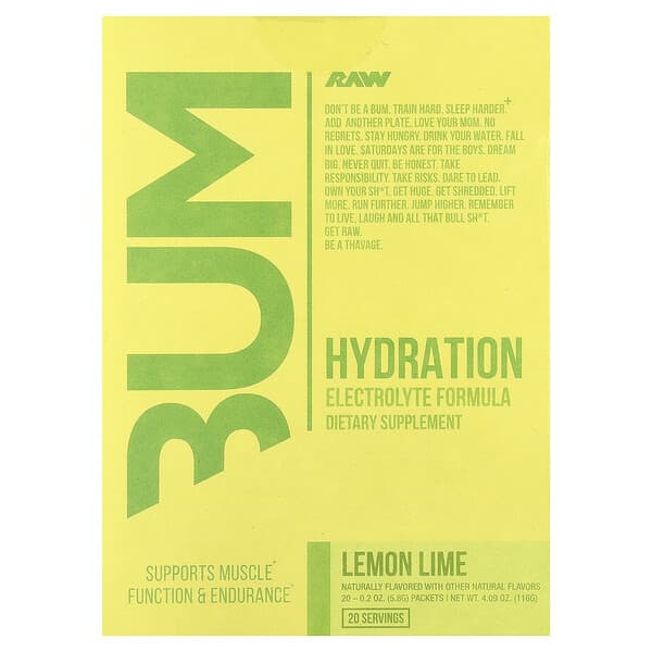 Bum, Hydration, Electrolyte Formula, Lemon Lime, 20 Packets, 0.2 oz (5.8 g) Each
