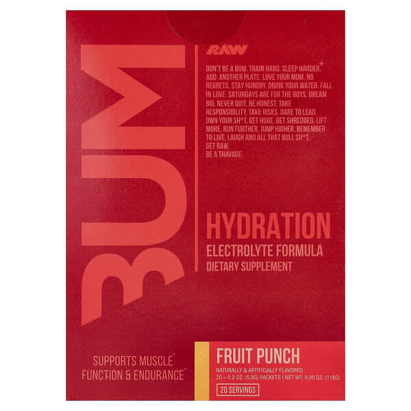Bum, Hydration, Electrolyte Formula, Fruit Punch, 20 Packets, 0.2 oz (5.8 g) Each