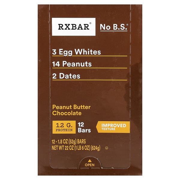 RXBAR, 프로틴바, 피넛 버터 초콜릿, 바 12개, 각 52g(1.8oz)