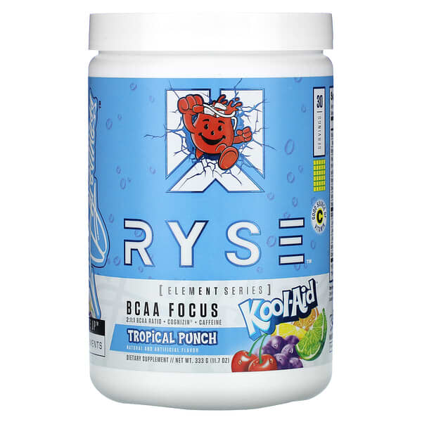 RYSE, 요소 시리즈, BCAA 집중력, Kool-Aid™, 트로피컬 펀치, 336g(11.9oz)