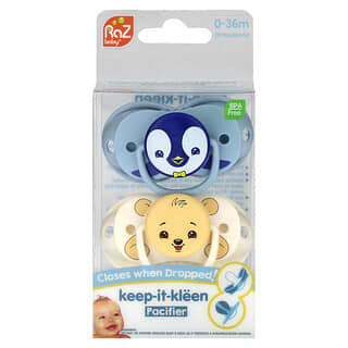 RaZbaby, Keep-It-Kleen, пустышка, для детей 0–36 месяцев, пингвин и медведь, 2 шт.