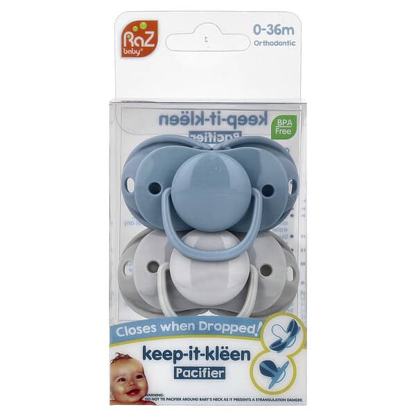RaZbaby, Keep-It-Kleen 쪽쪽이, 0~36m, 블루 & 그레이, 2개입