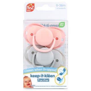 RaZbaby, Chupete Keep-It-Kleen, 0-36 m, rosa y gris, 2 chupetes