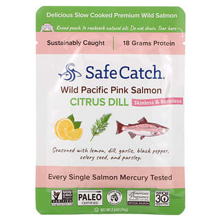 Safe Catch, Salmón rosado silvestre del Pacífico, Sin piel ni hueso, Eneldo cítrico, 74 g (2,6 oz)