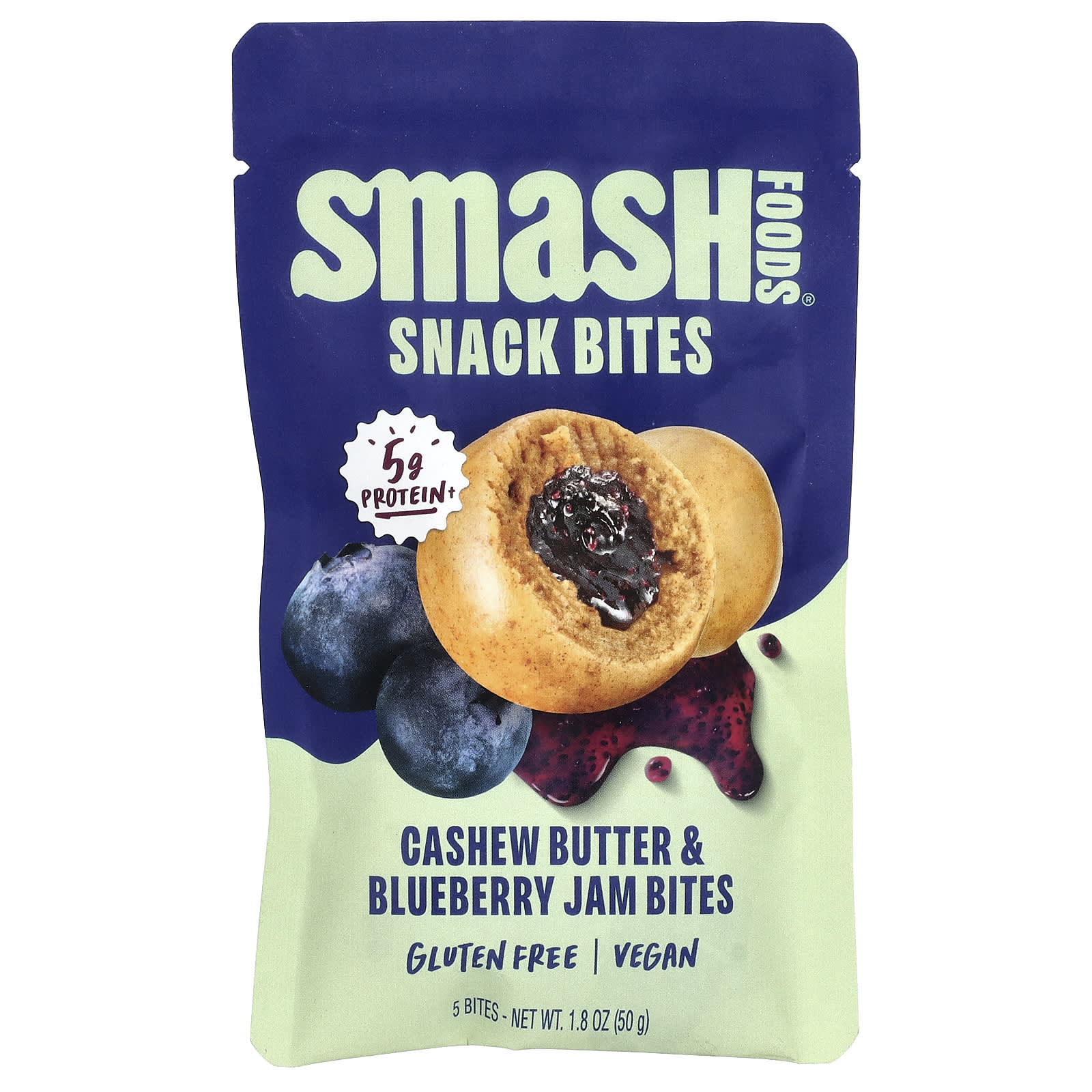 Smash Foods, Snack Bites, масло из кешью и голубический джем, 5 шт., 50 г (1,8 унции)