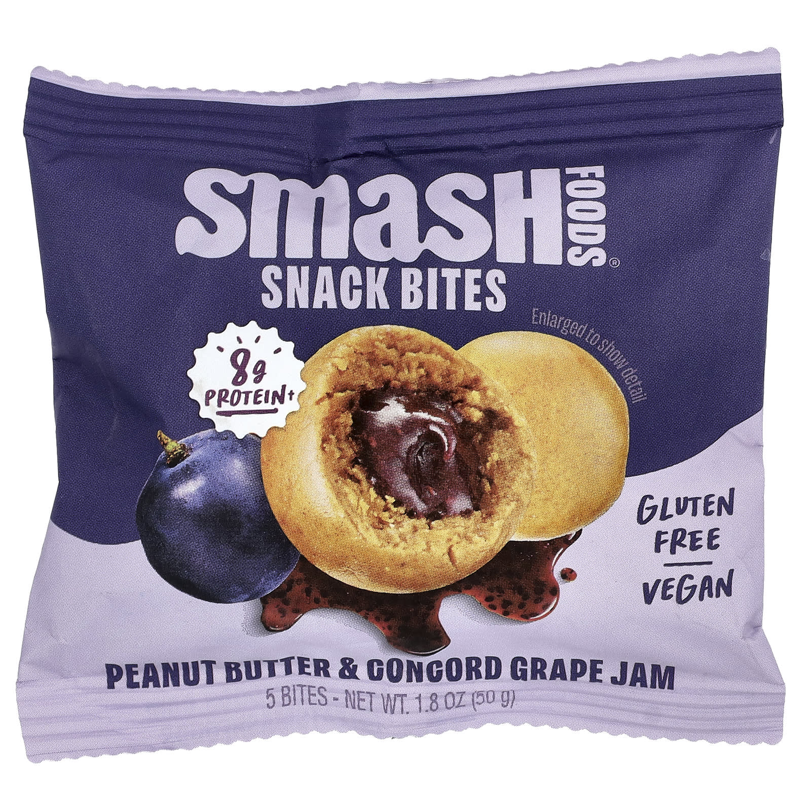 Smash Foods, Snack Bites, арахисовая паста и джем из винограда конкорд, 5 шт., 50 г (1,8 унции)