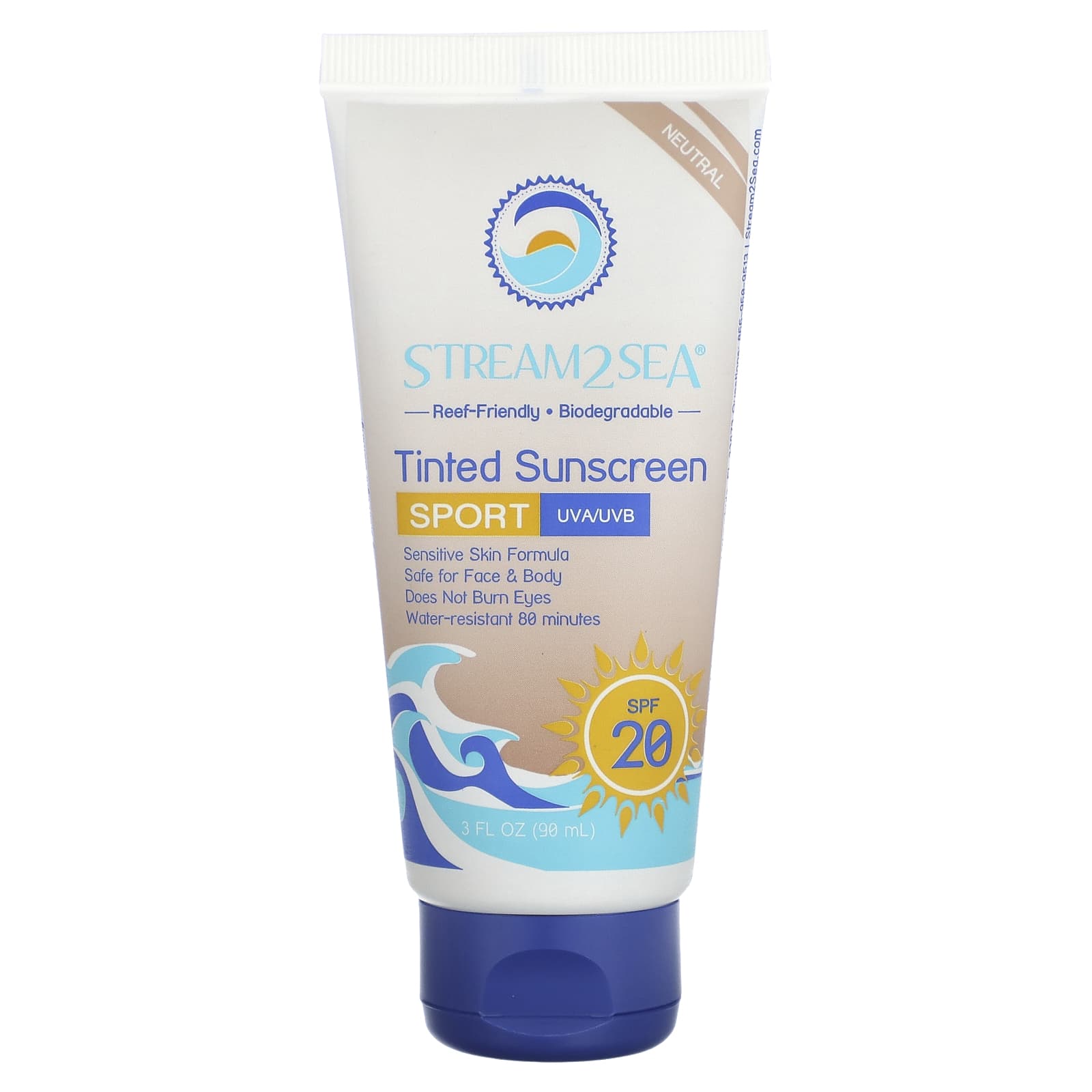 Stream2Sea, Tinted Sunscreen, Sport, SPF 20, Neutral, Fragrance Free, 3 ...