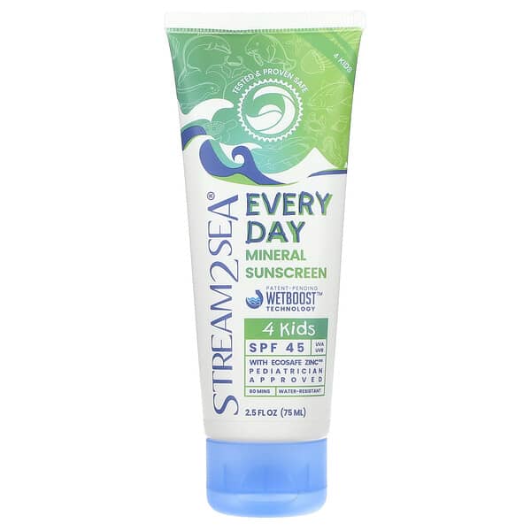 Stream2Sea, 에브리데이 미네랄 자외선 차단제, SPF 45, 어린이 4명, 75ml(2.5fl oz)