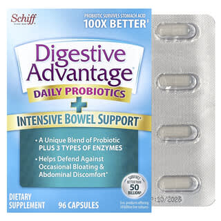 Schiff, Avantage digestif, Probiotiques quotidiens + Soutien intestinal intensif, 96 capsules