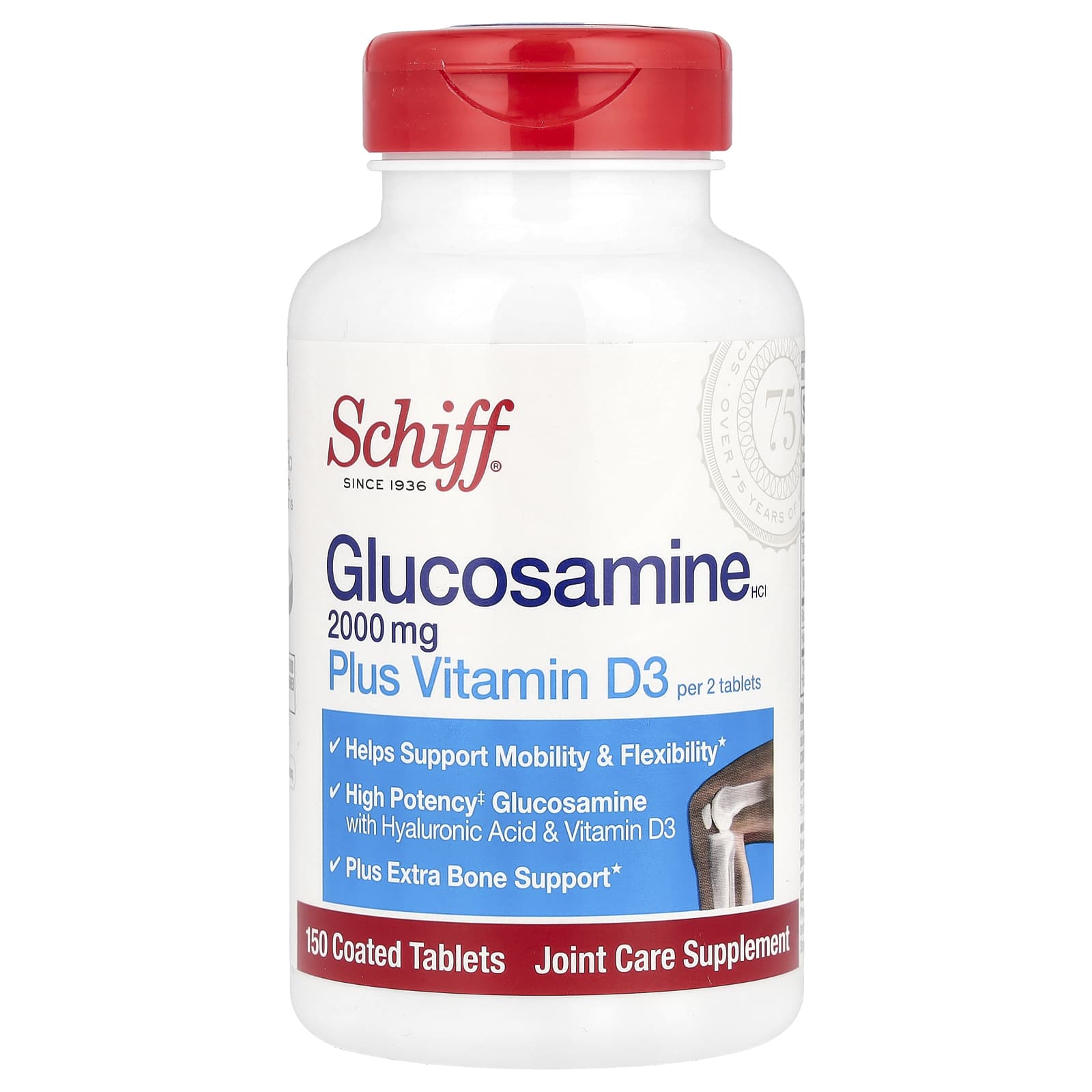 Schiff, Chlorhydrate de glucosamine et vitamine D3, 2000 mg, 150 comprimés enrobés (1000 mg par