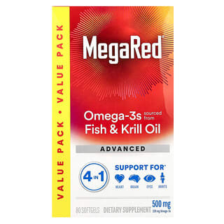 Schiff, MegaRed, Aceite de pescado y kril con omega-3, Suplemento avanzado 4 en 1, Vainilla, 500 mg, 80 cápsulas blandas