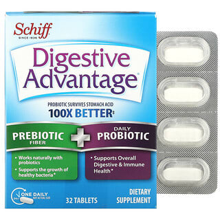 Schiff, Digestive Advantage, Fibra prebiótica y probiótico diario, 32 comprimidos