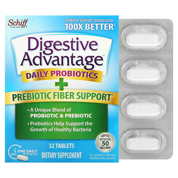 Schiff, Digestive Advantage, Fibra prebiótica y probiótico diario, 32 comprimidos (Producto descontinuado) 