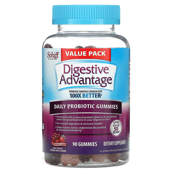 Schiff, Digestive Advantage, Ежедневные жевательные конфеты с пробиотиками, натуральные фруктовые вкусы, 90 жевательных конфет