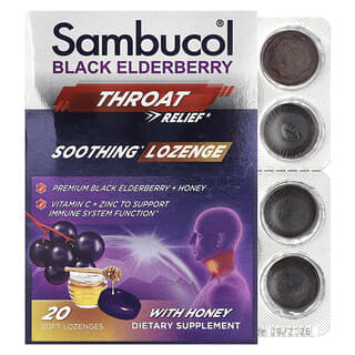 Sambucol, черная бузина, для горла, успокаивающие пастилки с медом, 20 мягких пастилок