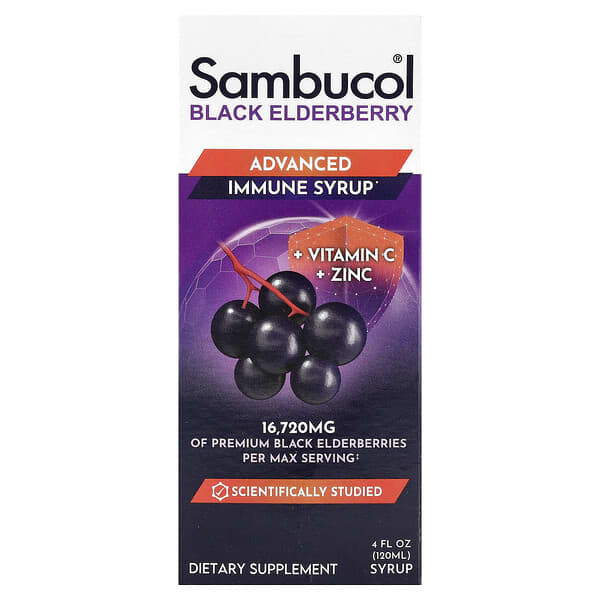 Black Elderberry Syrup, Advanced Immune, Vitamin C + Zinc, 4 fl oz (120 ml)