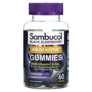Sambucol, Black Elderberry, Immune Support Gummies with Vitamin C & Zinc, schwarze Holunderbeere, Fruchtgummis zur Unterstützung des Immunsystems mit Vitamin C + Zink, natürlicher Beerengeschmack, 60 Fruchtgummis