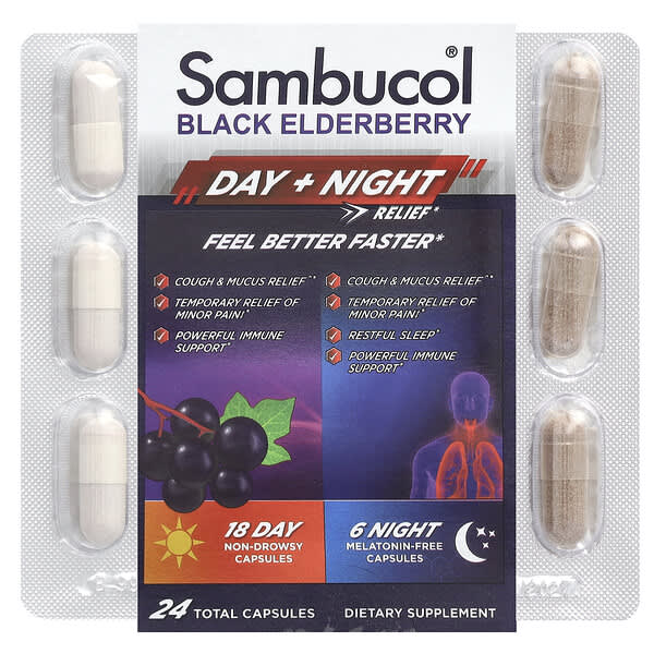 Black Elderberry, Day + Night Relief, 24 Capsules