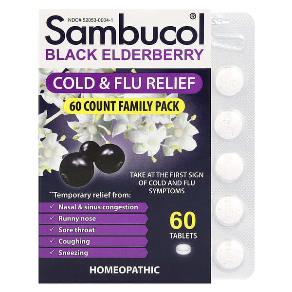 Sambucol, 黑接骨木果莓，舒緩受涼和流感，家庭裝，60 片即溶片