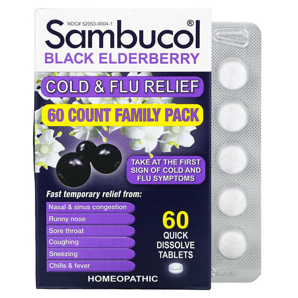 Sambucol (سامبوكول)‏, توت الخمان الأسود، علاج نزلات البرد والإنفلونزا، عبوة عائلية، 60 قرصًا سريع الذوبان