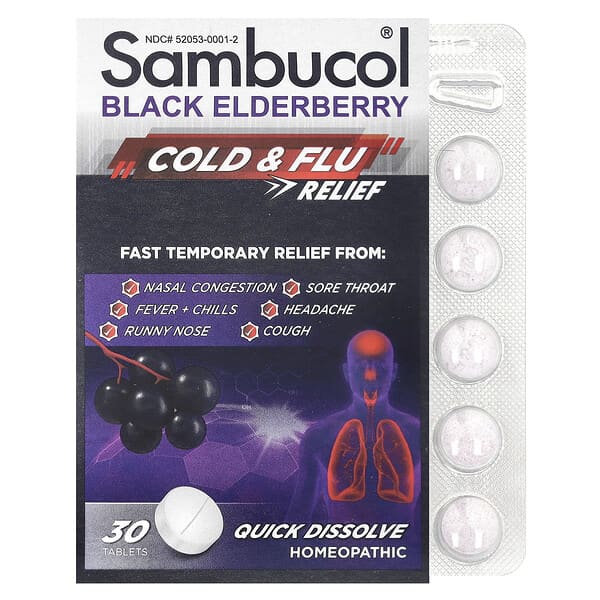 Sambucol, الخمان الأسود، مسكن للبرد والإنفلونزا، 30 قرص سريع الذوبان