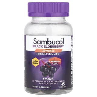 Sambucol, Baie de sureau noir, Gommes immunitaires avancées + Vitamine C + Zinc, 45 gommes