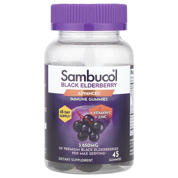 Sambucol, 黑接骨木果，高級機體抵抗幫助軟糖 + 維生素 C + 鋅，45 粒