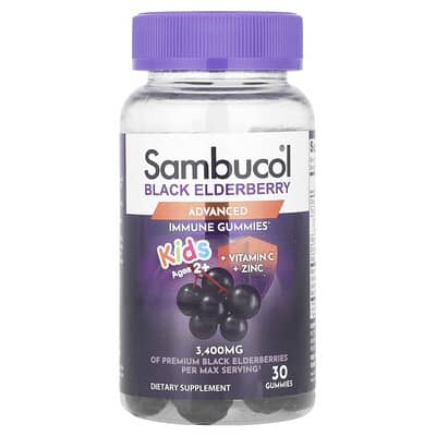 Sambucol, Kids' Black Elderberry Gummies + Vitamin C + Zinc, Ages 2+, 30 Gummies