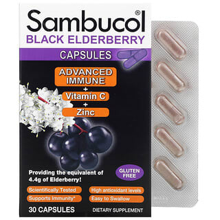 Sambucol, ブラックエルダーベリーカプセル、アドバンストイミューン＋ビタミンC＋亜鉛、30粒