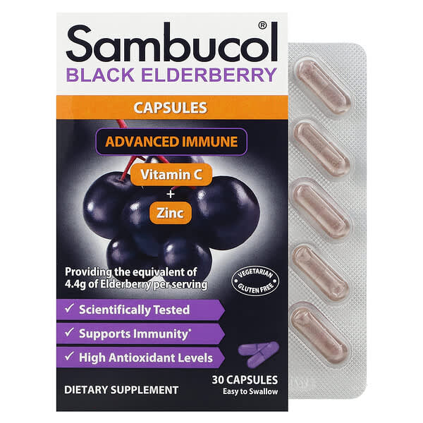 Sambucol, Black Elderberry Capsules, Advanced Immune + Vitamin C + Zinc, 30 Capsules