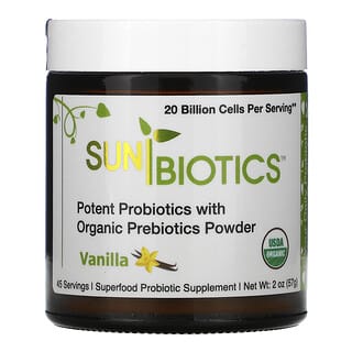 Sunbiotics, オーガニックプレバイオティクスパウダー配合高品質プロバイオティクス* *生きたまま腸に到達できる菌株のこと、バニラ、57g（2オンス）