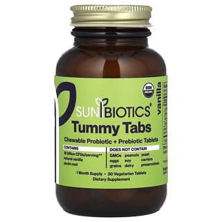 Sunbiotics, Comprimidos para el estómago, Probióticos y prebióticos masticables, Vainilla, 30 comprimidos vegetales