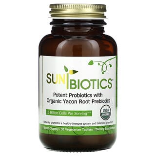 Sunbiotics, オーガニックヤーコン根プレバイオティクス配合高品質プロバイオティクス、植物性タブレット30粒