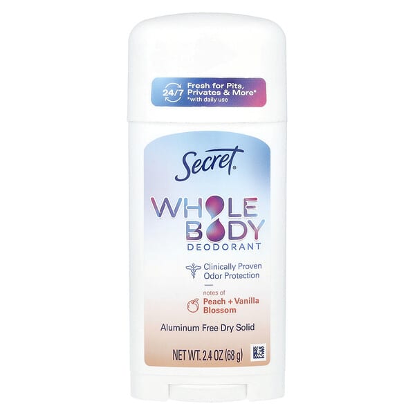 Secret, 전신 데오드란트, 알루미늄 무함유 건조 고형물, 복숭아 + 바닐라 블라섬, 68g(2.4oz)