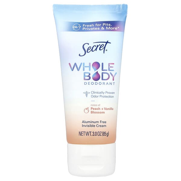 Secret, 전신 데오드란트, 알루미늄 무함유 인비저블 크림, 복숭아 + 바닐라 블라섬, 85g(3oz)