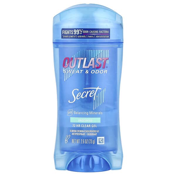 Secret, Outlast®, Sudor y olor, Desodorante antitranspirante, Gel transparente, Sin fragancia, 73 g (2,6 oz)