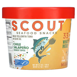 Scout, En-cas aux fruits de mer, Thon à nageoires jaunes à l'huile d'olive + Garniture croustillante au piment jalapeño, 145 g