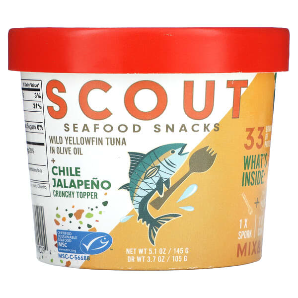 Scout, 海產品零食，野生黃鰭金槍魚（載於橄欖油中）+ 墨西哥辣椒鬆脆配料，5.1 盎司（145 克）
