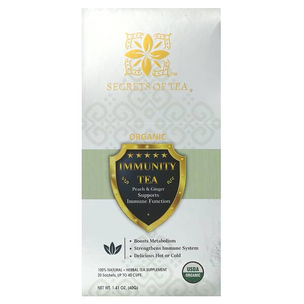 Secrets of Tea Organic Immunity Tea, Peach & Ginger, 20 Sachets, 1.41 oz (40 g)