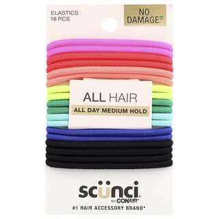 Scunci, No Damage® Elastics, All Hair, Medium Hold, Assorted Colors, 18 Pieces