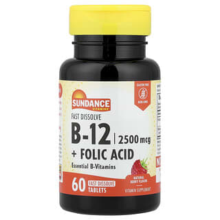 Sundance Vitamins, Vitamina B12 y ácido fólico, Disolución rápida, Bayas naturales, 60 comprimidos de disolución rápida